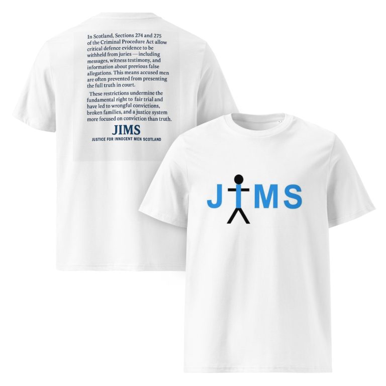 white t-shirt with JIMS logo on the front and text on the back