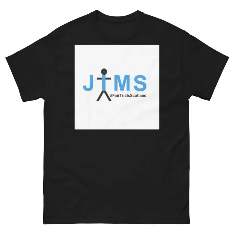 Black t-shirt with the JIMS logo on a white panel