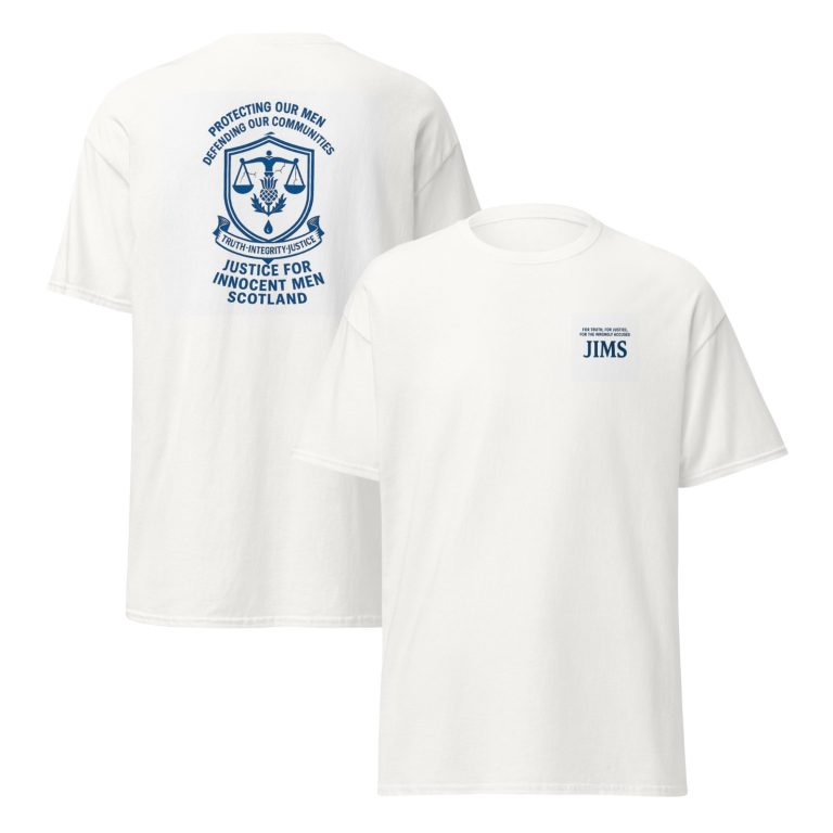 White t-shirt with a small JIMS logo on the left chest and text on the back
