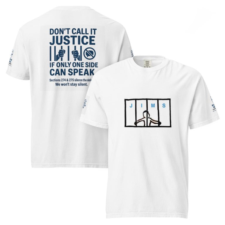 White t-shirt with JIMS on the front with a stick figure behind bars and text on the back
