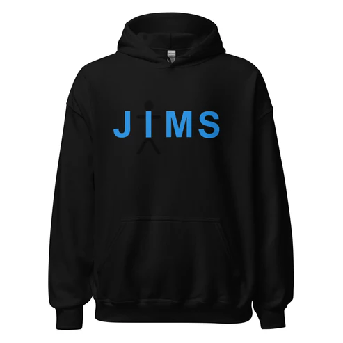 Black hoodie featuring the text "JIMS" in bold blue letters.